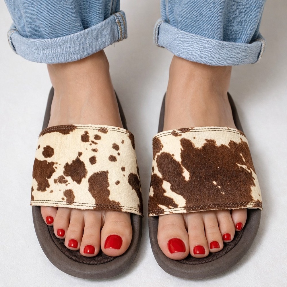 NEW APL Women's Iconic Slide in a Brown and White Cow Print Size 6 #796